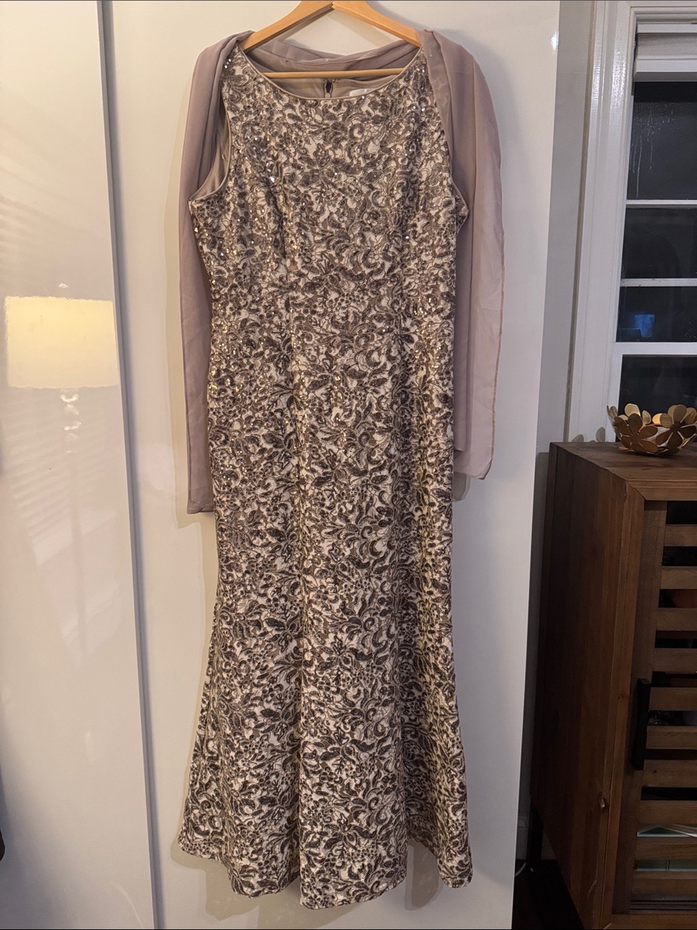 Alex Evenings Taupe and Champagne Lace Maxi Gown with Sheer Shawl